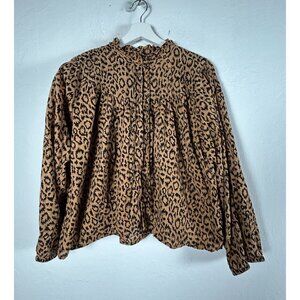 India Collection Womens Large Leopard Ruffle Neck Blouse Organic Cotton Brown